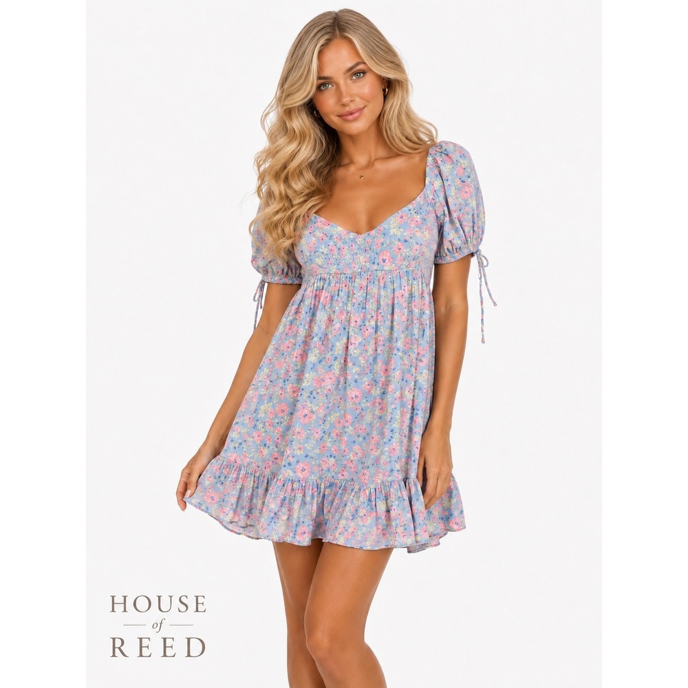 Olivaceous Blue Pink Floral Puff Sleeve Mini Dress Smocked Back L S#2300-672LDJ - Picture 1 of 6